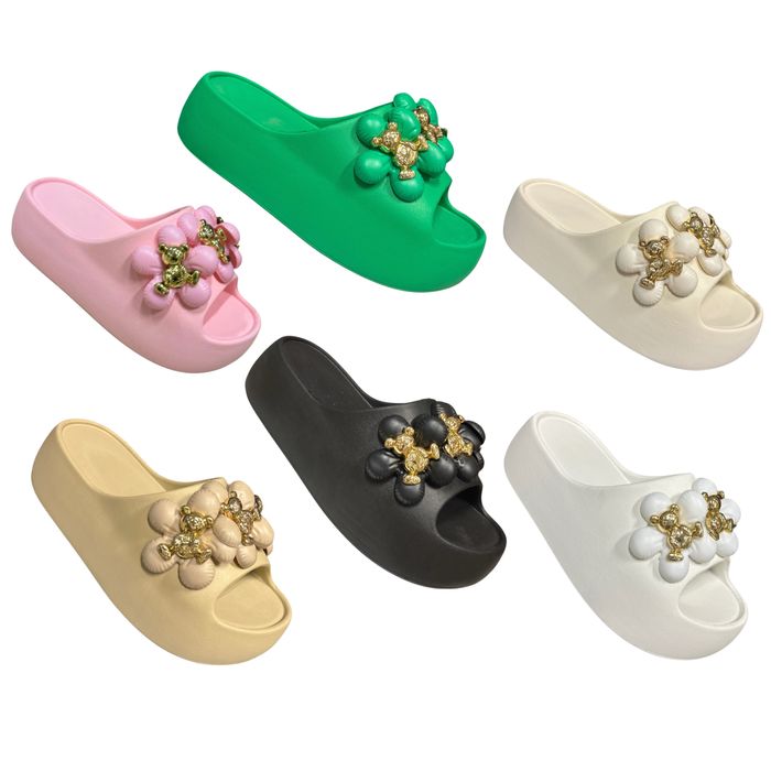 Дамски чехли олекотени на платформа -цвете с мече