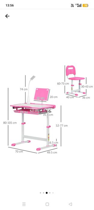 Birou cu scaun, pentru fete, roz, fără defecte