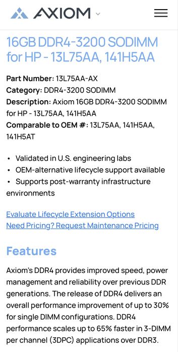 Axiom 16GB DDR4-3200 SODIMM for HP-13L75AA, 141H5AA