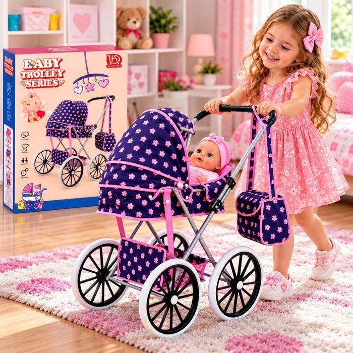 Детска количка за кукли Baby Trolley с големи колела, сгъваем сенник,