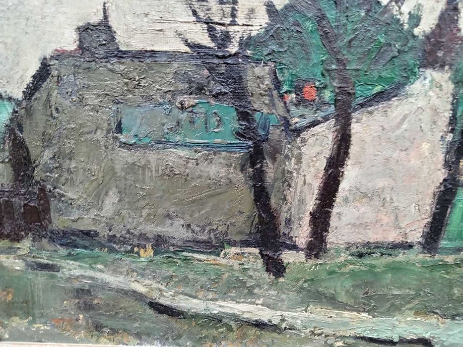 Tablou vechi - case la marginea satului - semnat in  AC ( Ciucurencu)