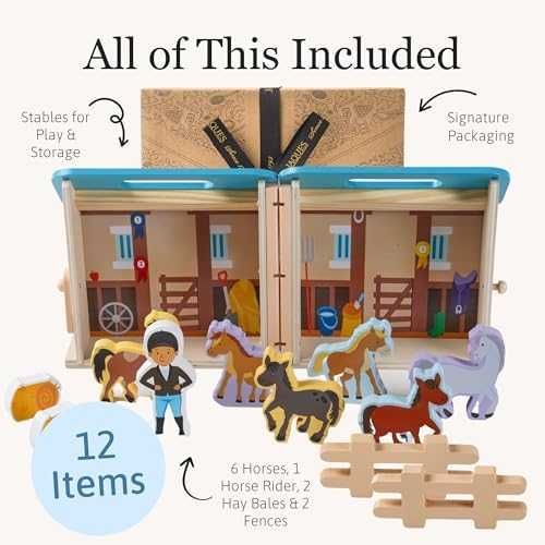 Нов Комплект конюшня с 6 кончета дървена играчка за деца 1+ идеален подарък