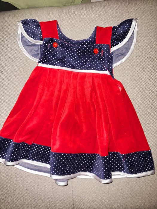 Rochiță catifea rosu cu bleu noua 1-1.5ani 86 cm