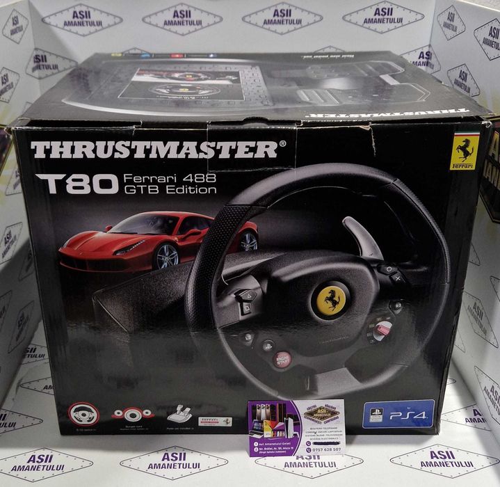 Asii Amanetului - Volan de gaming cu pedalier Thrustmaster T80 Ferrari 488 GTB Edition la cutie
