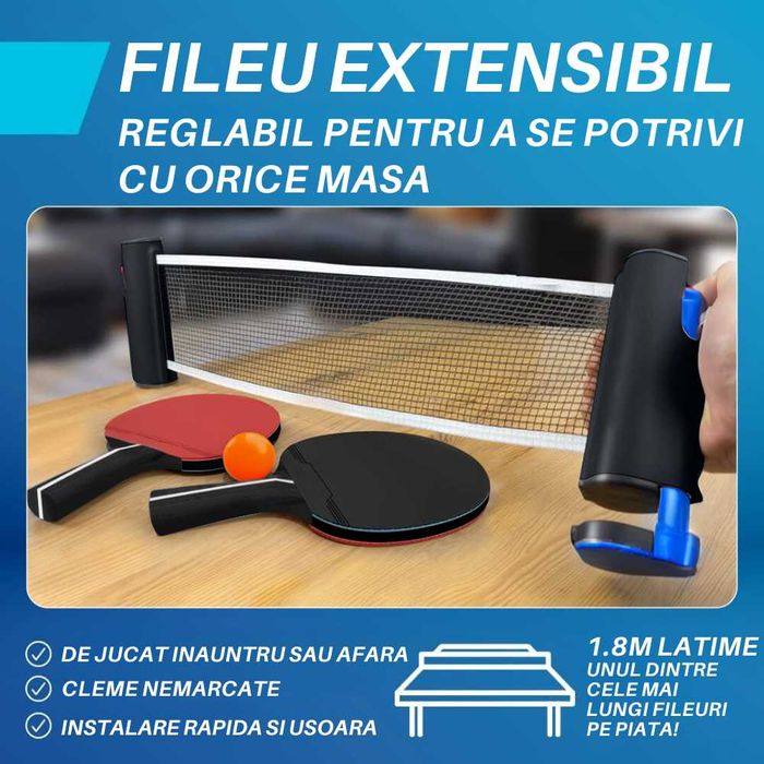 Set Complet Ping Pong, 4 Palete Tenis de Masa 8 Mingi, Fileu si Geanta