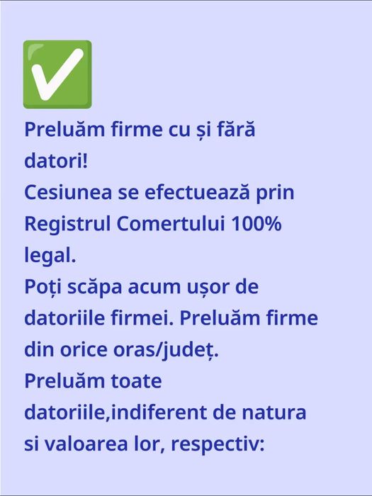 Preluam firme cu orice fel de datorii din orice judet