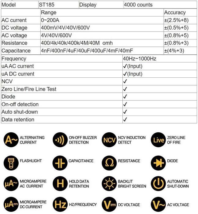 Cleste ampermetric True RMS clampmetru 200A Aneng ST185 multimetru