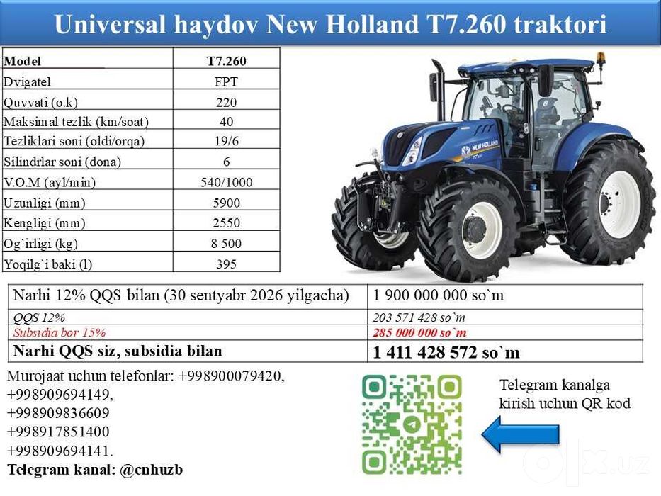 New Holland T7.260 traktori sotiladi, yangi, subsidia BOR