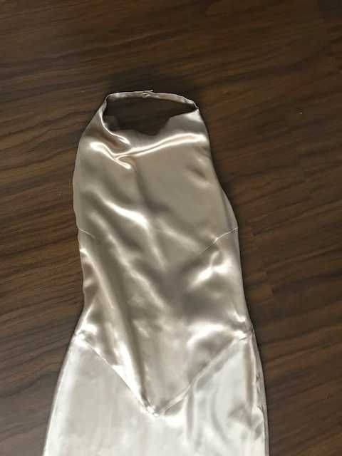 Zara rochie bej auriu lunga ocazie spate gol satin maxi eleganta nunta