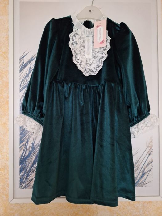 Rochie catifea verde închis pentru fete, 5 si 7 ani