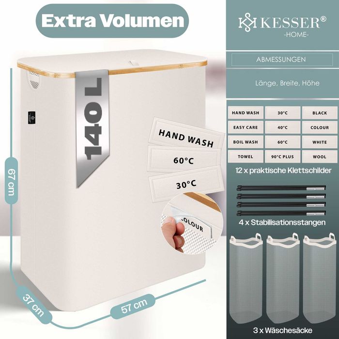 KESSER® Кош за пране с капак 2 отделения Сгъваема 140-литра