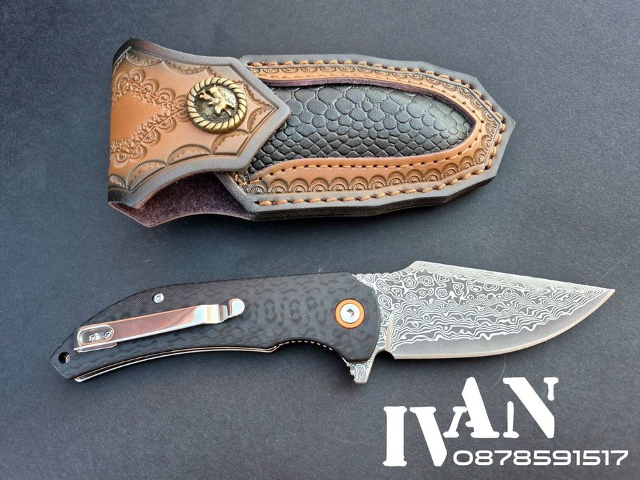 Сгъваем нож от дамаска стомана с кожена кания