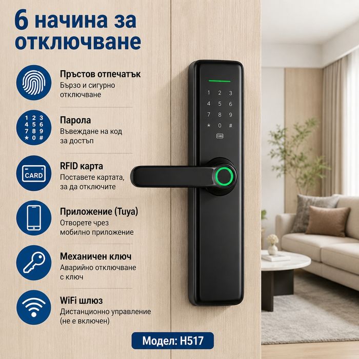 Смарт брава с пръстов отпечатък код карта и приложение