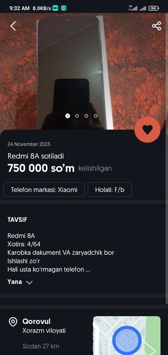 Redmi 8A Bugun ertang olganga 650 ming sum