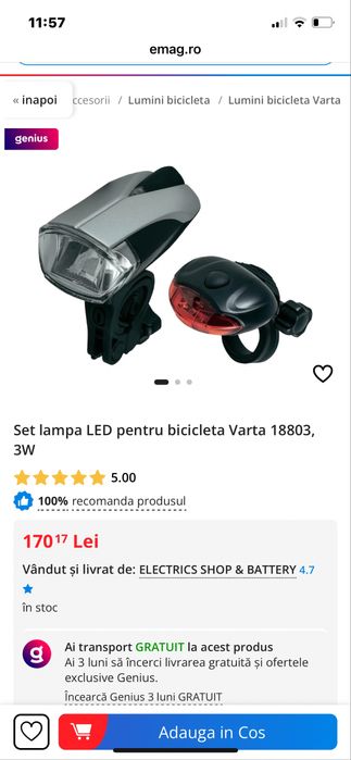 Set lampa led pentru bicicleta Varta 18803  3W si 4 accum Energizer