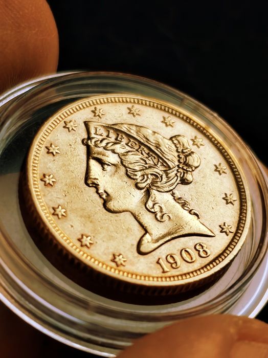 5 долара 1908 год, злато 8.36 гр, проба 900/1000 (21.6 карата)