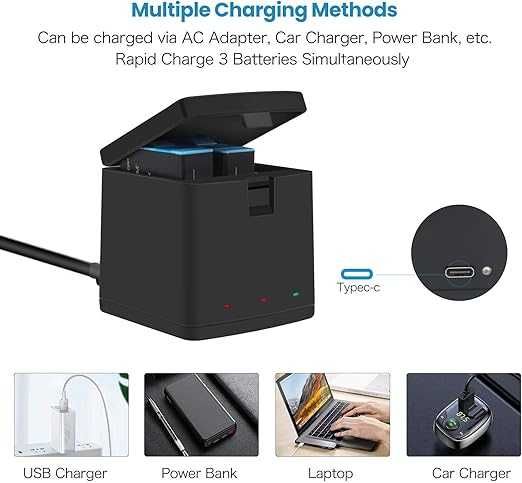 REYTRIC Батерии, комплект от 3 броя и 3-канално зарядно за GoPro Hero