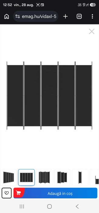 Paravan de cameră cu 5 panouri, material textil negru, 250x200 cm