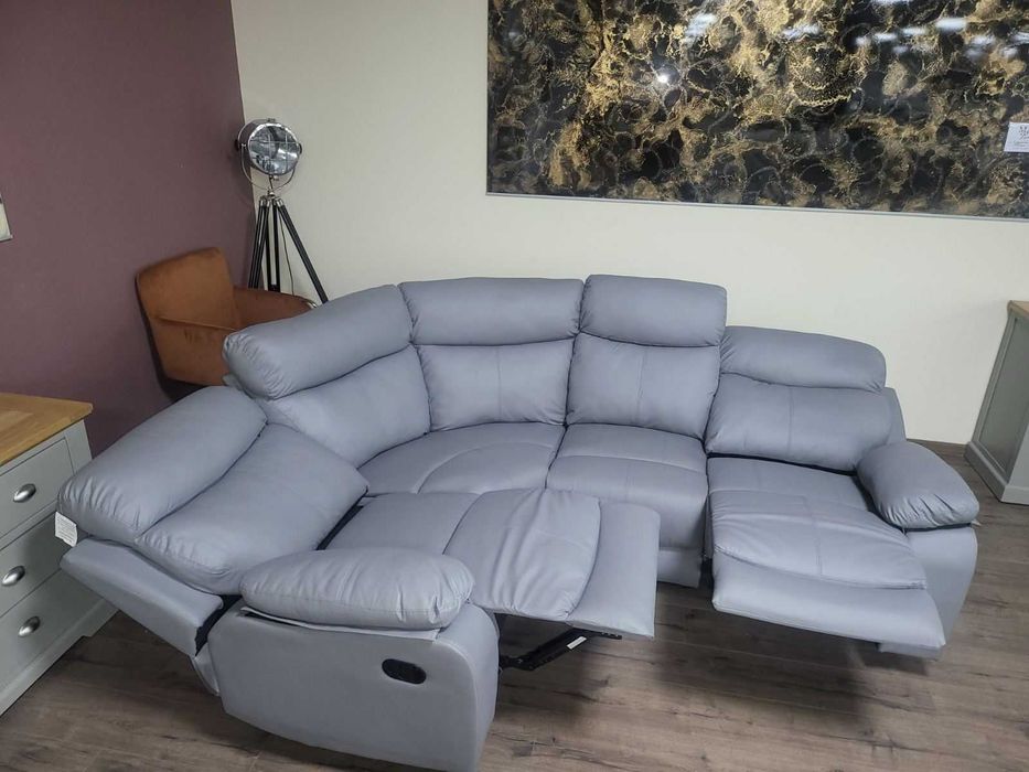 Сив кожен ъглов диван с релаксиращ механизъм от изкуствена кожа