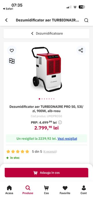 Dezumidificator aer TURBIONAIRE PRO 50, 53l/zi, 900W, alb-rosu