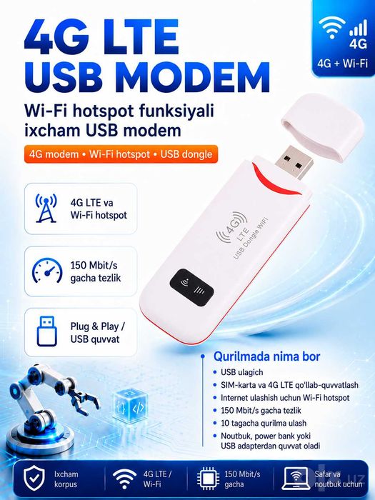 4G LTE USB Modem — Wi-Fi hotspot (150 Mbit/s, yangi)