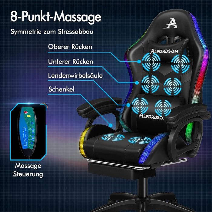 Масажен Геймърски стол  с 8-точков масаж 12 цвята,RGB LED светлина