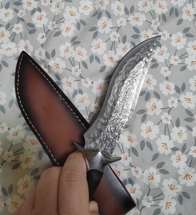 Cutit Thai din otel Damasc, garda la maner, teaca cu model, piele eco