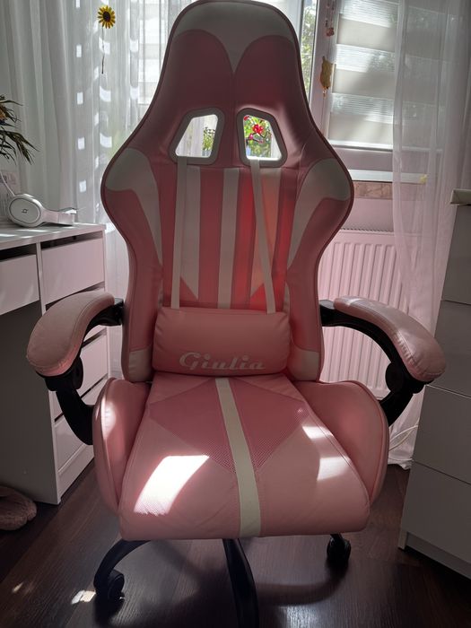Scaun gaming  roz cu alb