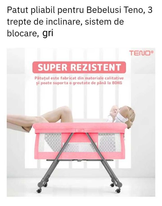 Pătuț pliabil pentru bebeluși, 3 trepte de înclinare, sistem de blocare, plasă anti-insecte, coș depozitare, gri.
