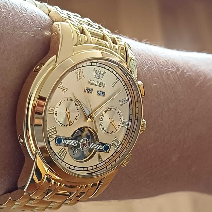 Olevs Автоматик Скелетон,HD Светещ, Календар, Мултифункционален,3 ATM