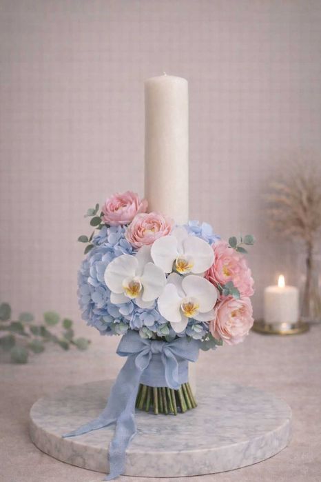 Aranjament floral artificial elegant– Buchet & Lumânare cununie/botez