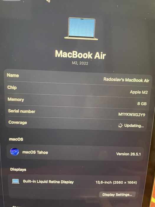 Продавам Apple MacBook Air M2 (2022) – 13.6” | 8GB RAM 256 GB | Отлично състояние