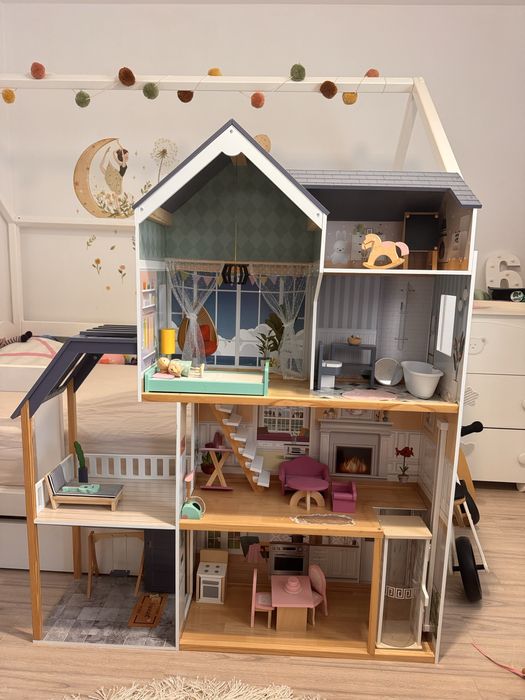 Vand casuta de papusi xxl din lemn cu mobilier