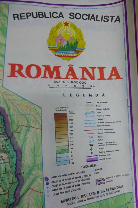 Harta veche a Romaniei (1986) ROMANIA RSR 1m/80cm RSR Scolara Scoala Didactica Hartie Scara 1:800000 Perioada Comunista - Retro Vintage