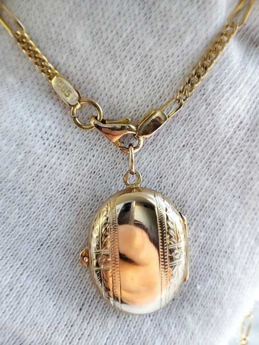 Lantisor Lant Aur 14K Retro Zale Pline Cu Pandantiv Pentru Poza Dubla