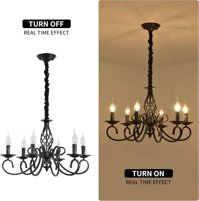 Candelabru rustic, Ganeed, lustra vintage, 6 brate, E14, negru