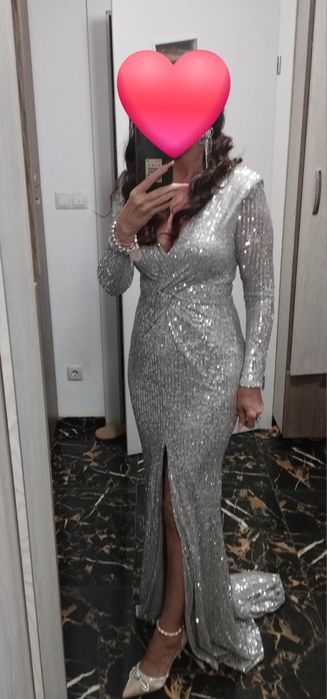 Rochie gala argintie cu trena
