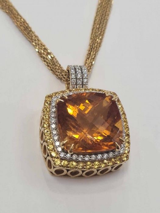 Colier, lant si pandantiv aur galben 18k, cu citrin natural, safire