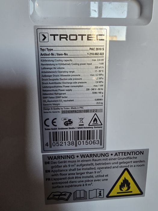 Climă portabila Trotec PAC 2610 S, 9000 BTU/ Display/ Timer/ Auto