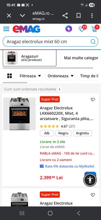 De vanzare aragaz Electrolux mixt cu cuptor electric, latime 60cm, nou sigilat. Pret 1900 lei- cu cat s-a cumparat..