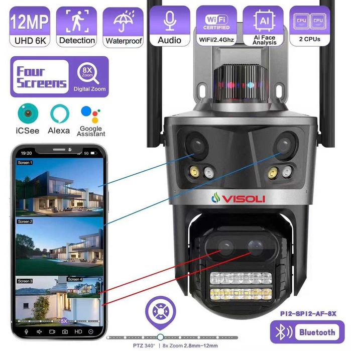 Camera de Supraveghere Tripla WIFI Visoli® P11 Zoom, 12MP Rezolutie 6K