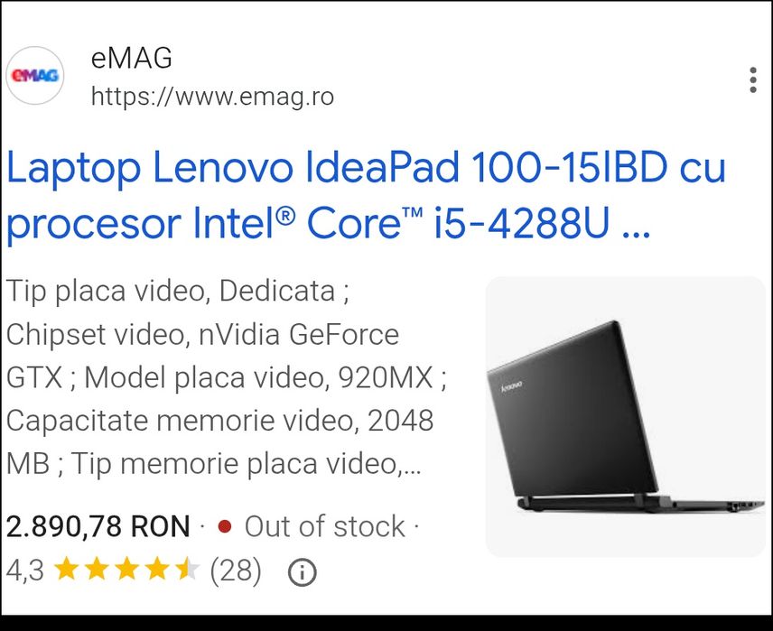 Laptop Lenovo IdeaPad 100-15IBD cu procesor Intel® Core™ i5-4288U 2.60