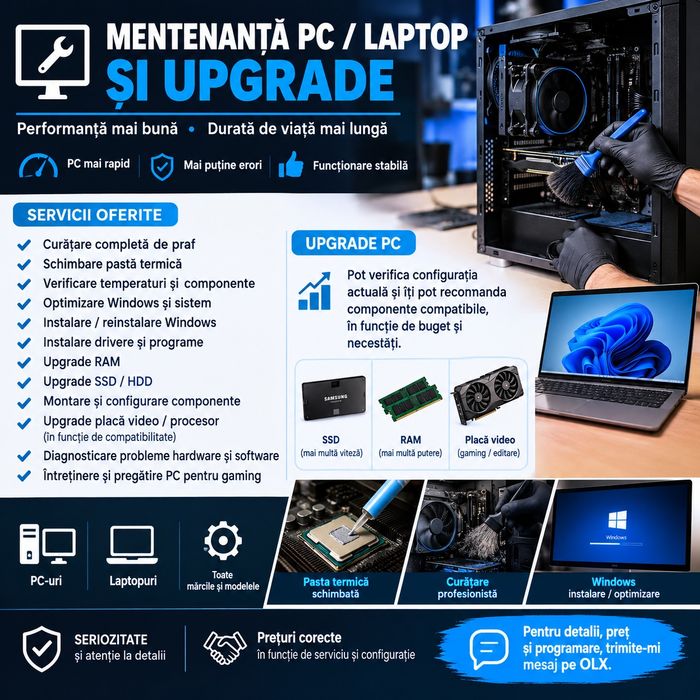 Mentenanță PC / Laptop și Upgrade – Curățare, Optimizare, Windows