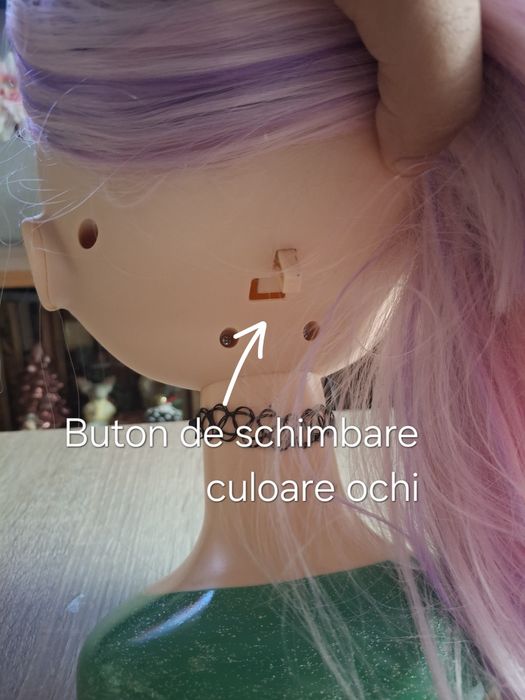 Cap de coafat / Păpușă coafură cu ochi interschimbabili și păr roz-violet