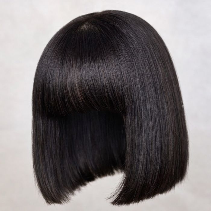 Естествена перука коса 25,4 см дължина черна с бретон 150% плътност