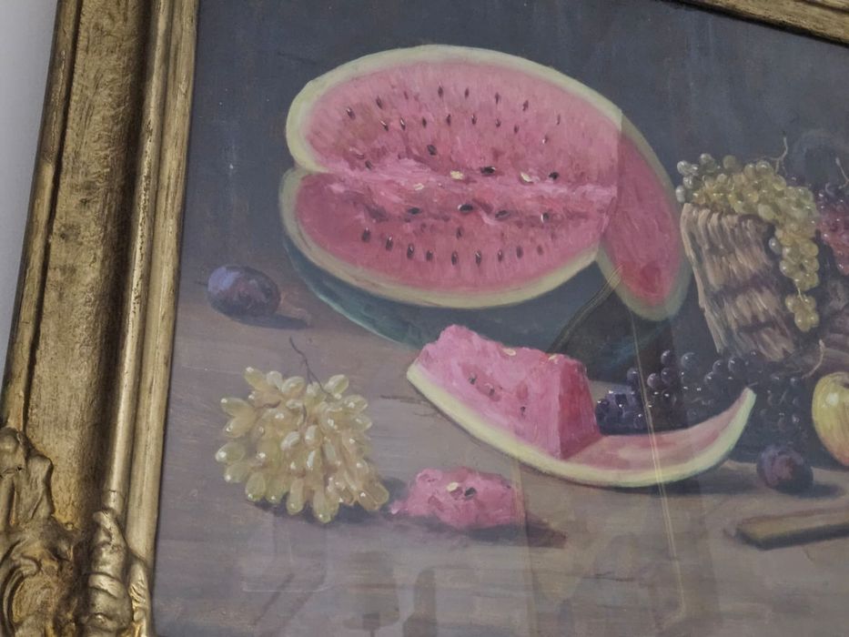 Pictură de colecție: Cornel Rațiu – „Natură statică cu pepene și struguri”