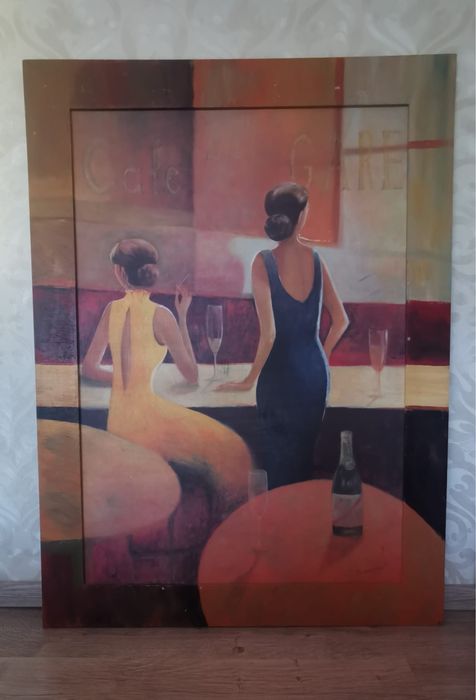 Антикварна картина две жени в кафене голяма в рамка без паспарту