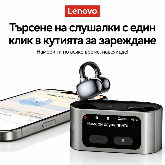 Lenovo RS105 Безжични Слушалки с LCD Тъчскрийн, Bluetooth 6.0, Open-Ear Клипс за Спорт