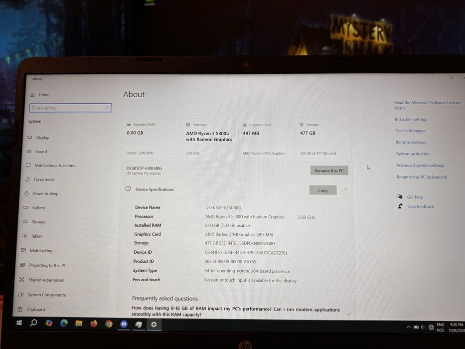Laptop HP 15s-eq2027nq , AMD Ryzen 3 5300U