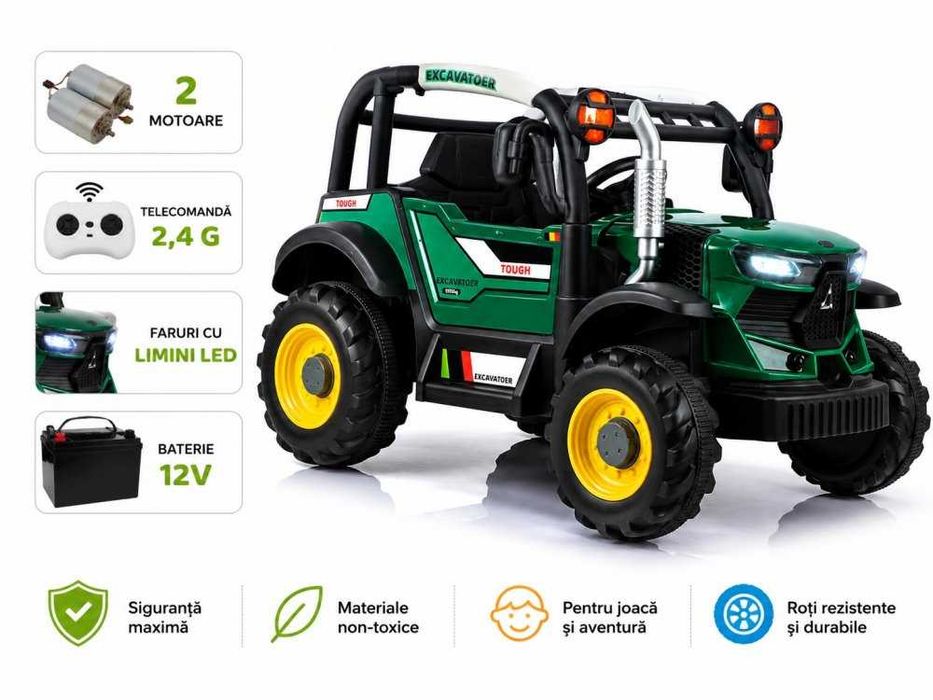 Tractor electric cu remorca pentru copii Nichiduta Excavator Green 12V cu telecomanda 2,4G, 2motoarex38W,Scaun din piele ecologica,Lumini LED